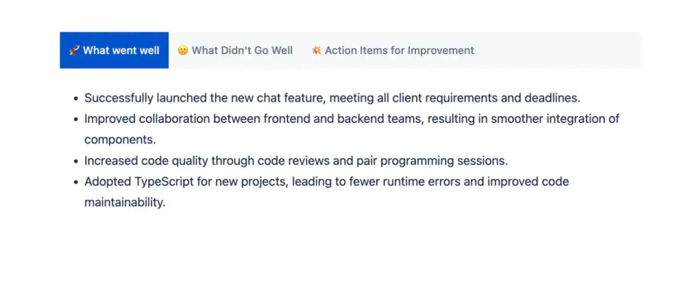 A screenshot of a 'What went well' section on a Confluence Sprint Retrospective