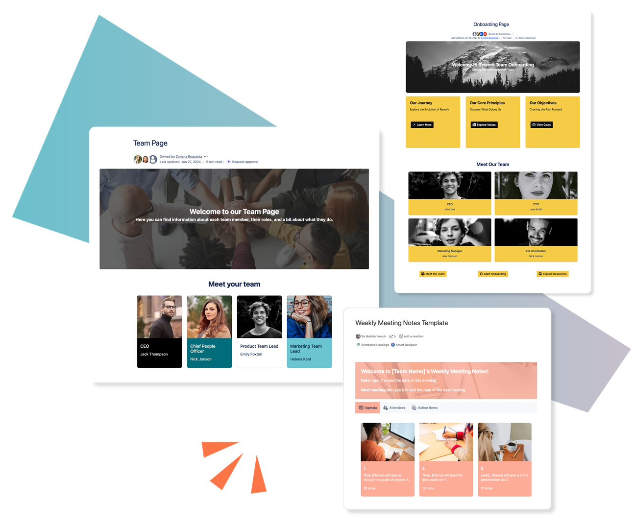 Three Confluence Cloud pages showcasing a team hub, onboarding page, and weekly meeting notes with visually structured layouts