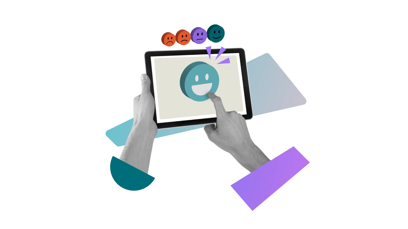 A hand selecting a happy face from a range of faces representing various levels of satisfaction on a screen