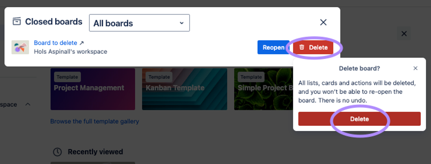 A pop-up confirming whether to delete a closed Trello board