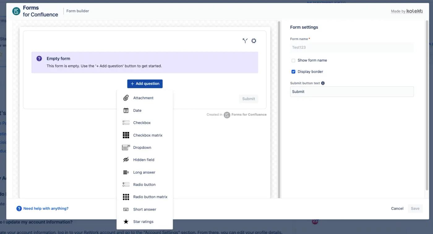 The Forms for Confluence editor with a dropdown menu showing all available question types