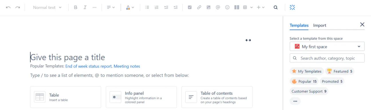 A screenshot of a newly created page in Confluence, with an Import tab