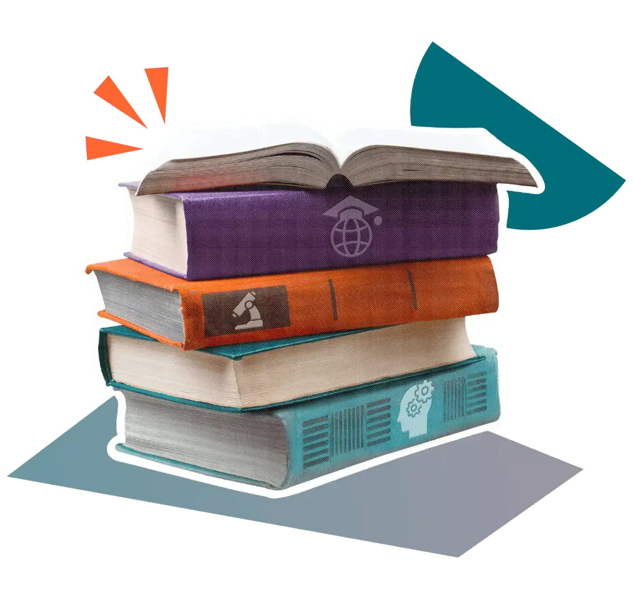 A stack of colourful books with a different icon on each spine