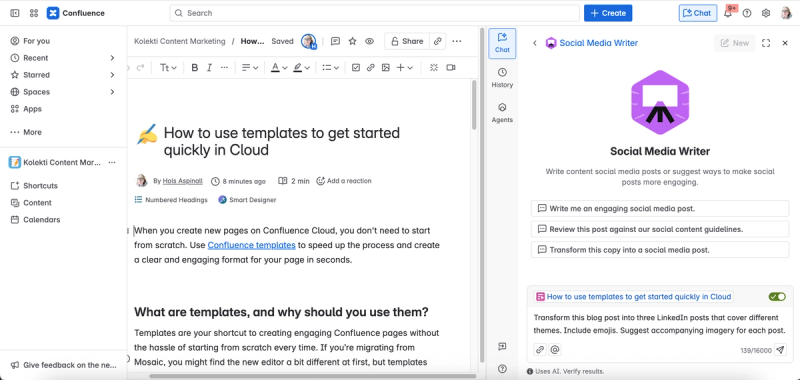 Screenshot of a Confluence page with the Social Media Writer Agent open in the Rovo Chat panel