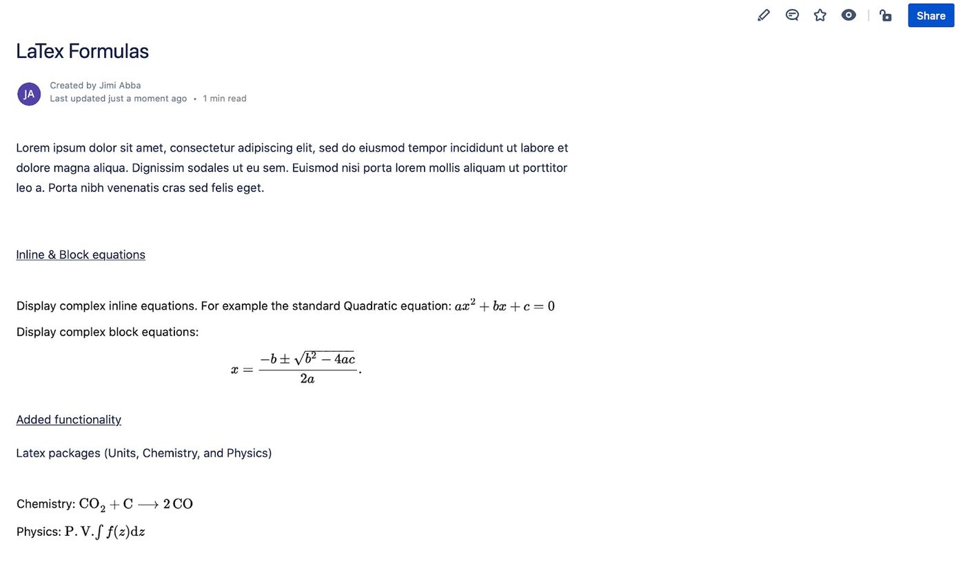 A screenshot of LaTeX formulas embedded on a Confluence page