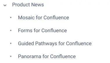 A screenshot of a Confluence space sidebar with a parent page and four child pages
