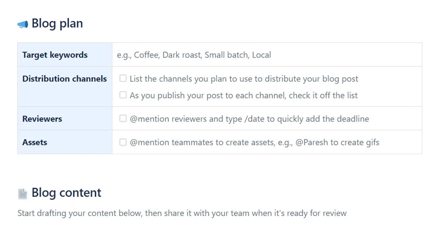 A screenshot of the marketing blog template in Confluence