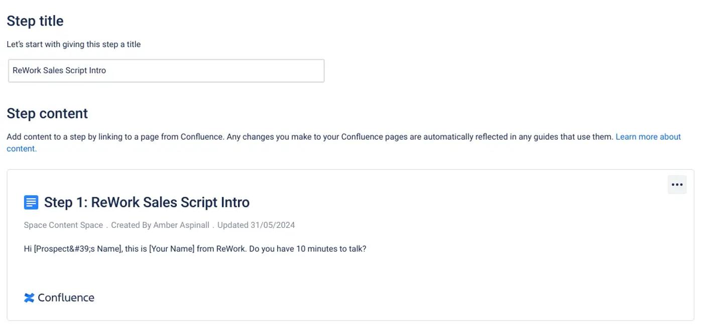 A step and linked Confluence page in a Guided Pathways for Confluence guide