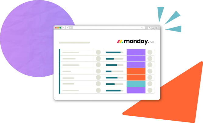 A browser window showing a monday.com board stylised in Kolekti's brand colours