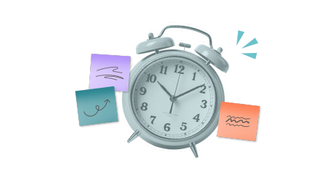 A ringing alarm clock surrounded by colourful, scribbled on notes