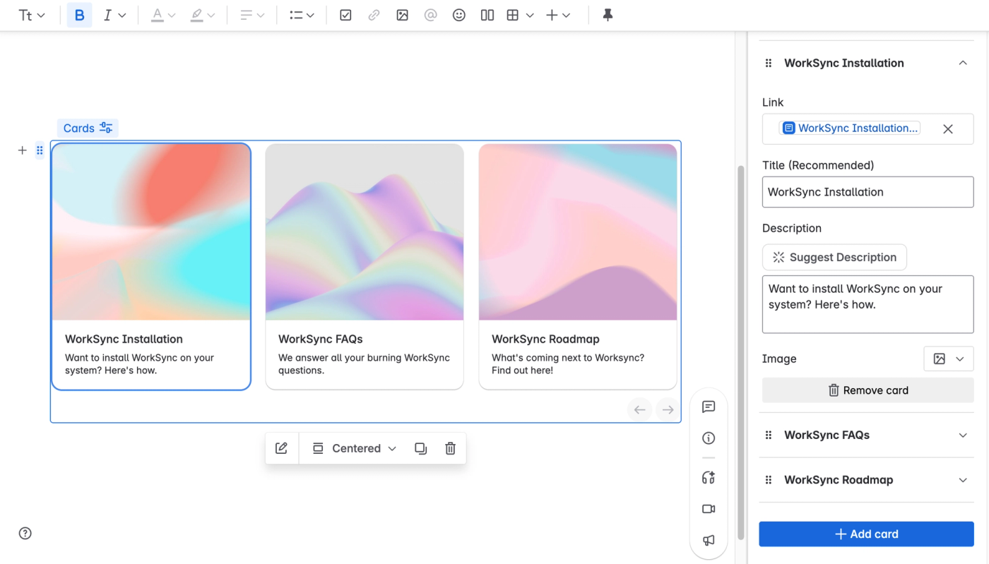 Three colourful cards on a Confluence page linking to documentation, with the card editor sidebar open showing configuration options