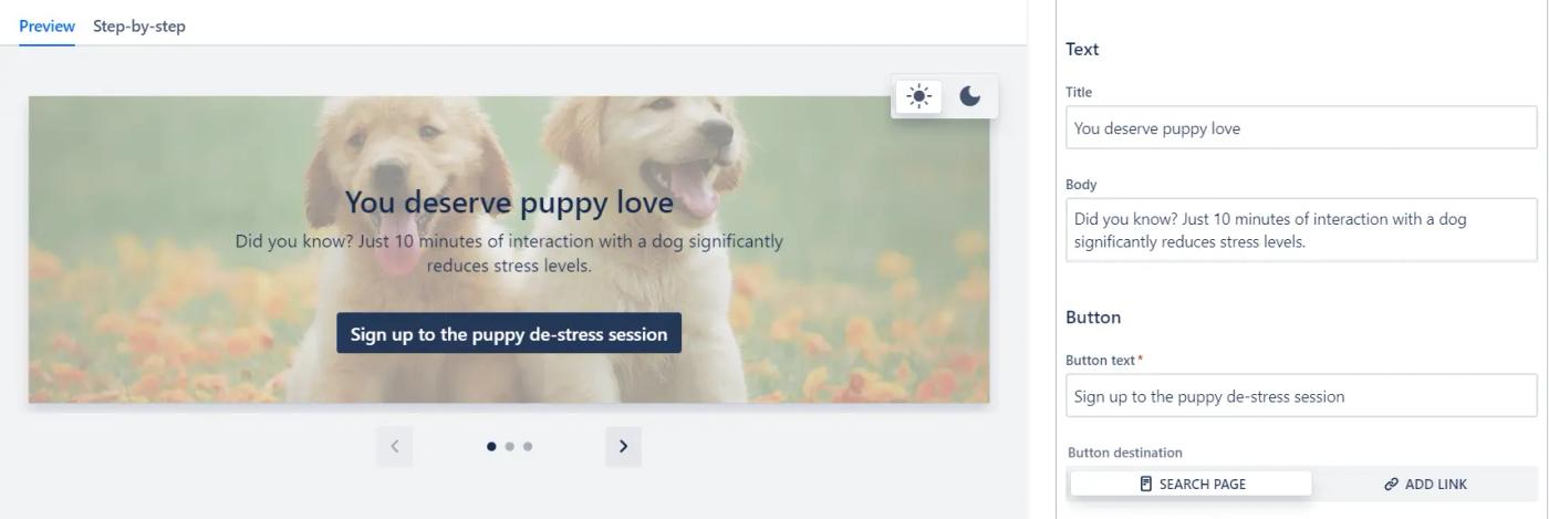 The title, body, and button text boxes and resulting preview for an interactive banner in Confluence