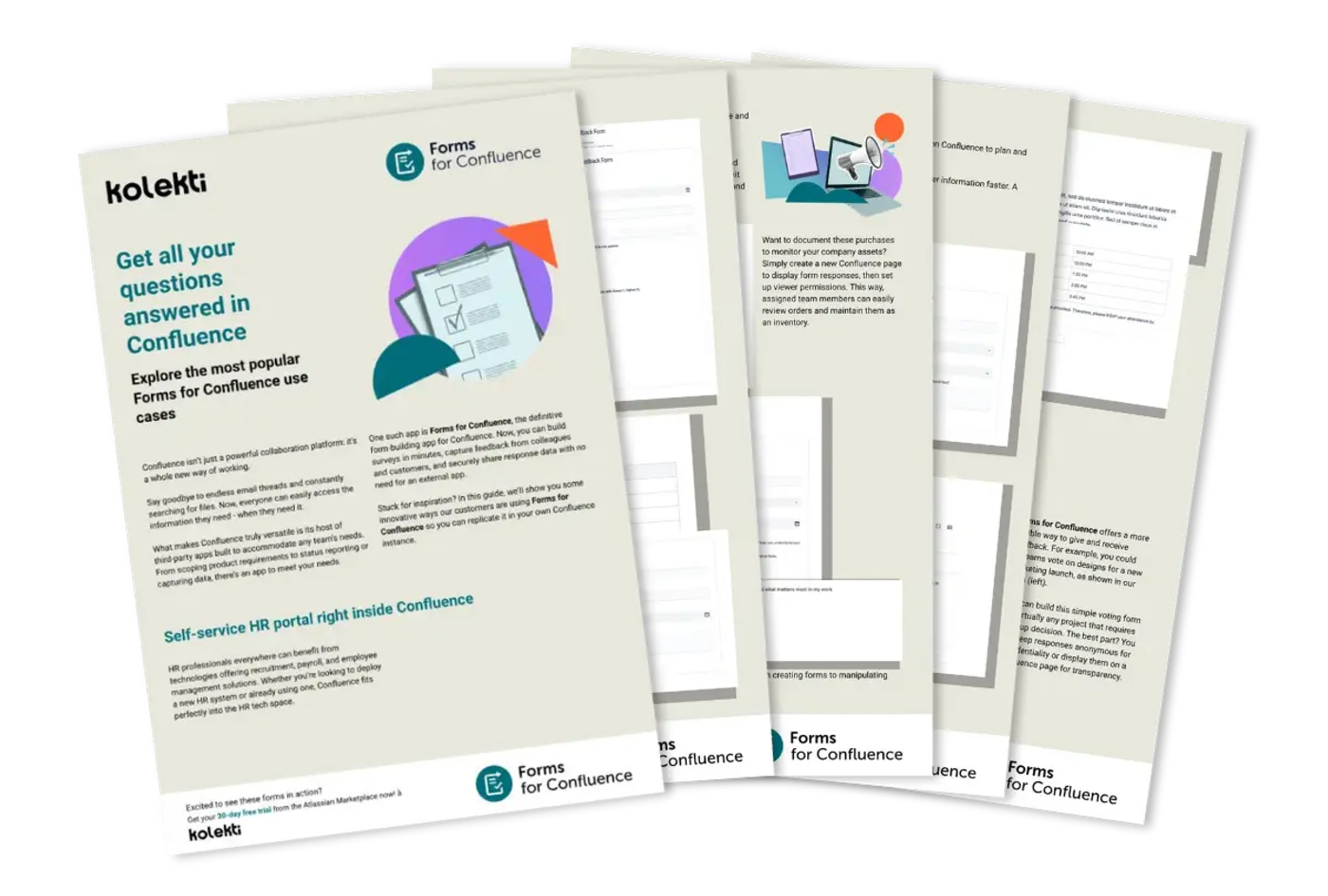 A fanned out booklet showing Forms for Confluence use cases