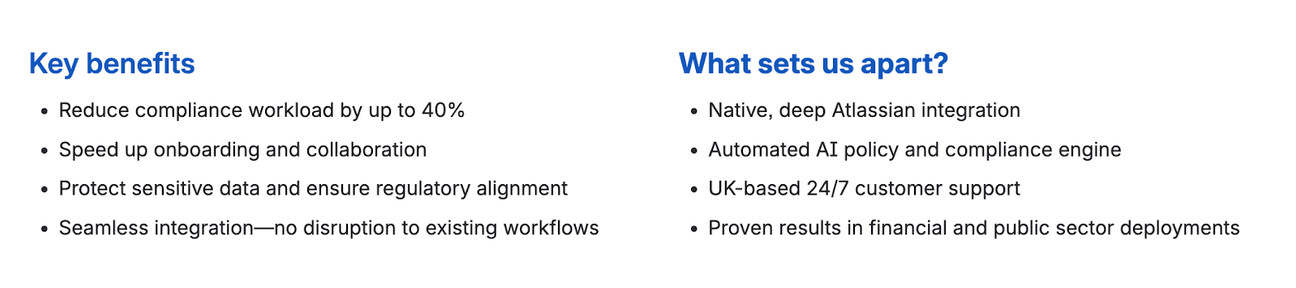 Two side-by-side columns with bulleted lists of key benefits and USPs