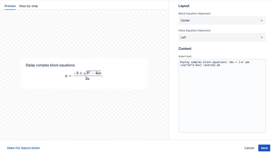 A screenshot of the LaTeX for Confluence editor window
