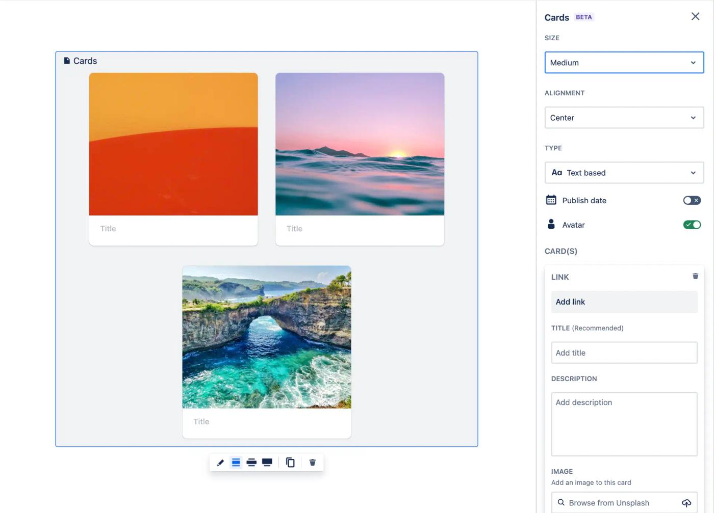 Three colourful cards in Confluence with the configuration options on the right