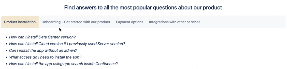 A gif of a user clicking through FAQ tabs in Confluence documentation