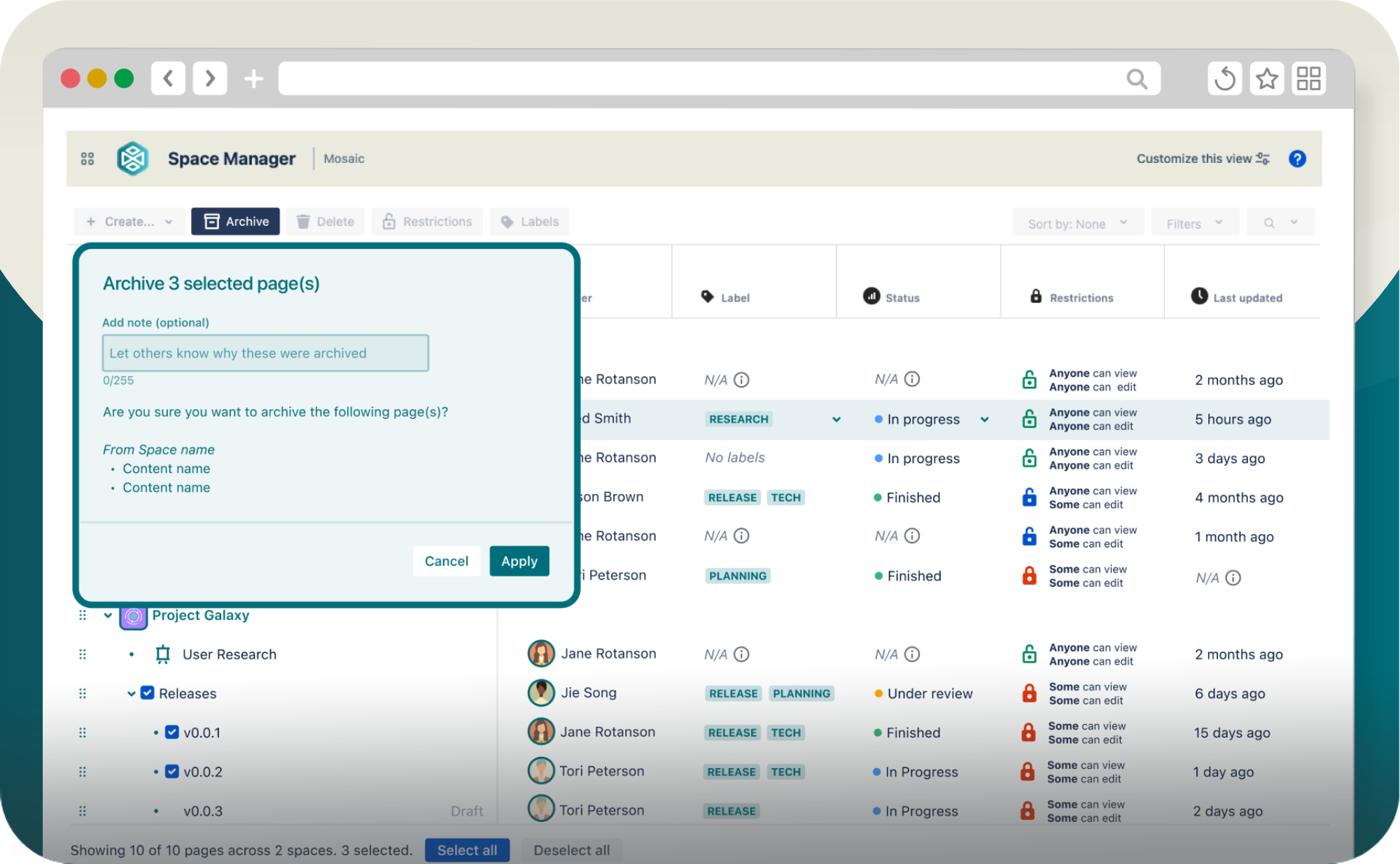 Screenshot of Space Manager in Confluence. It shows a list of Confluence pages and their related page details, with a dialog asking the user to confirm the archival of 3 pages.