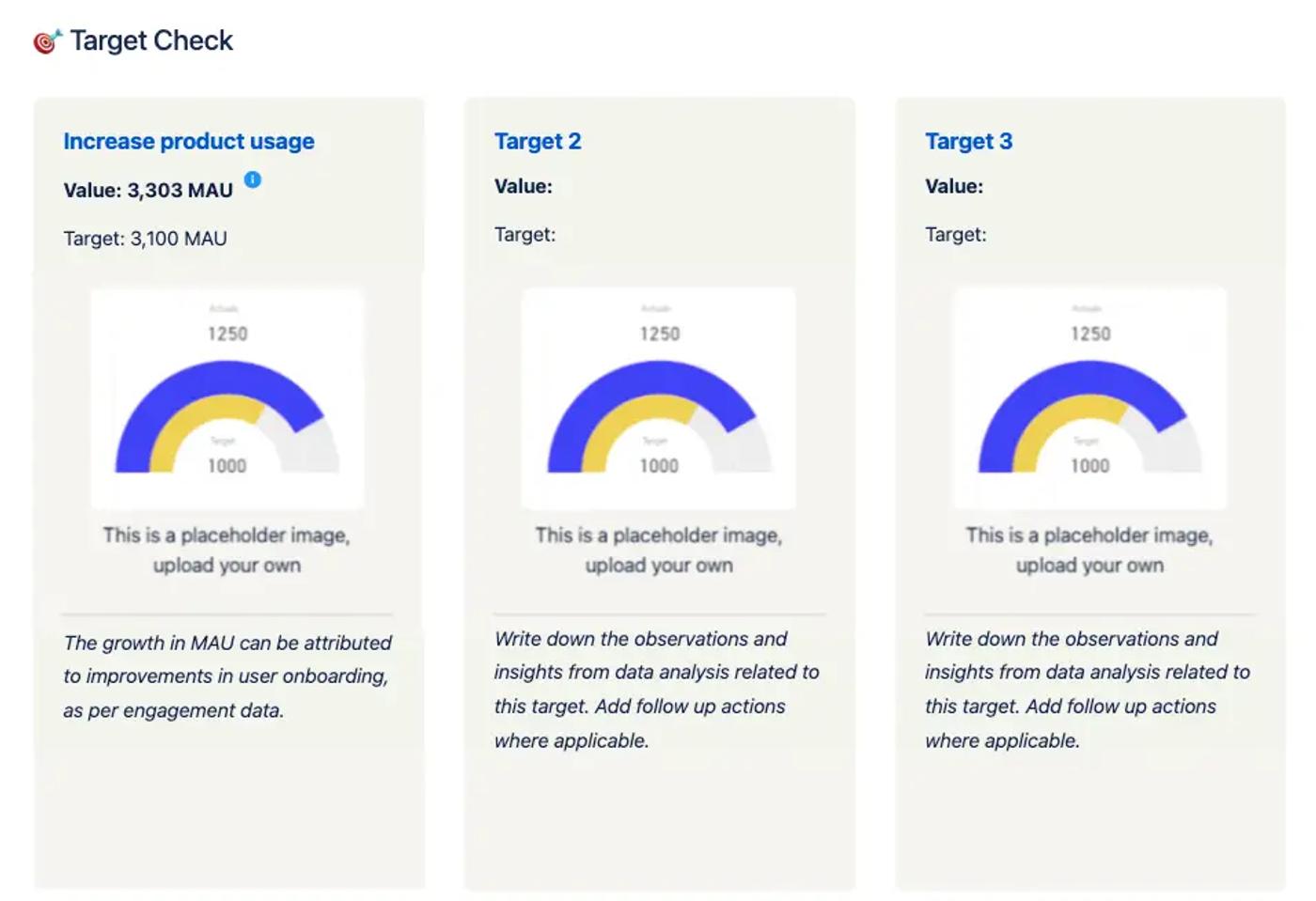 A Target Check section of a confluence monthly project report