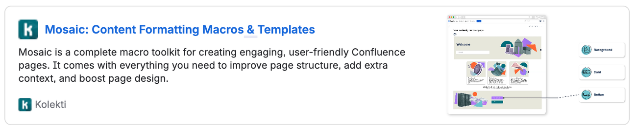 Screenshot of a link in Confluence stylised as a card, with the link to Mosaic for Confluence on the left, and the preview image on the right