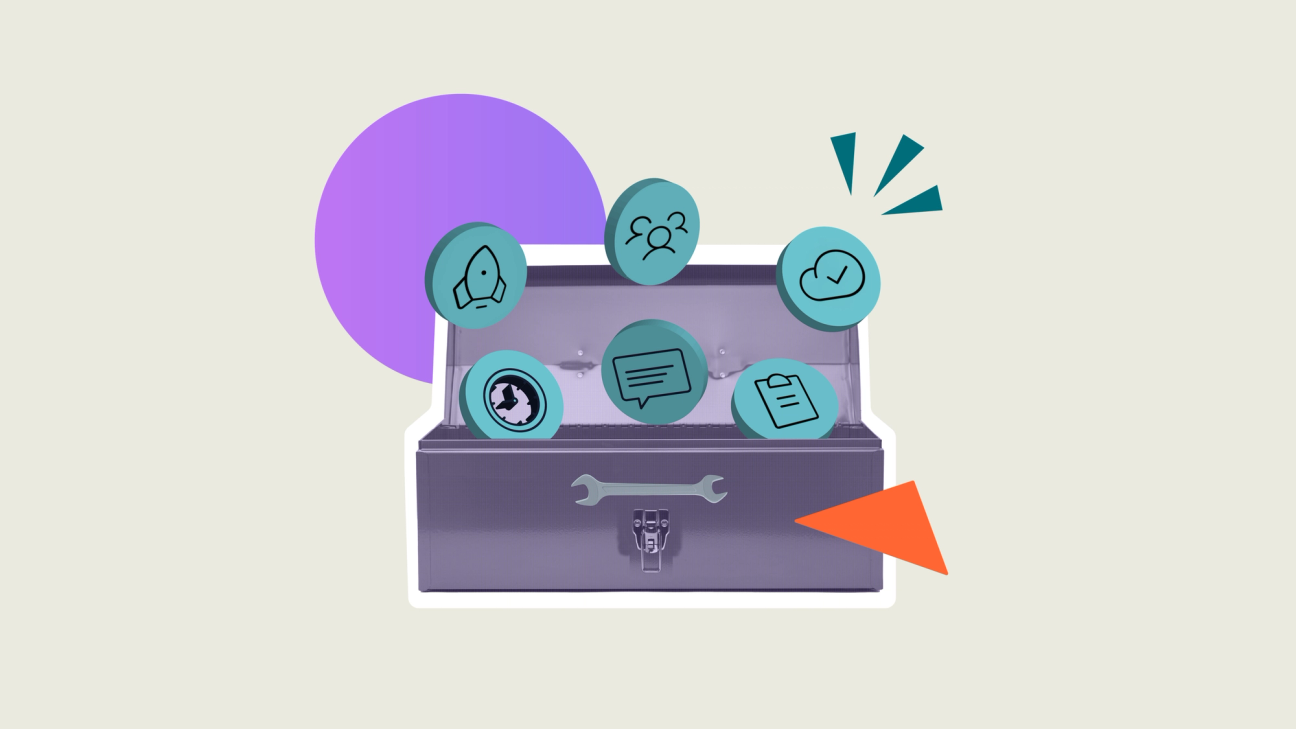 Illustration of an open toolbox with floating icons representing various tools and features, including a rocket, chat bubble, checklist, user group, clock, and document, symbolising digital tools or resources for migration.