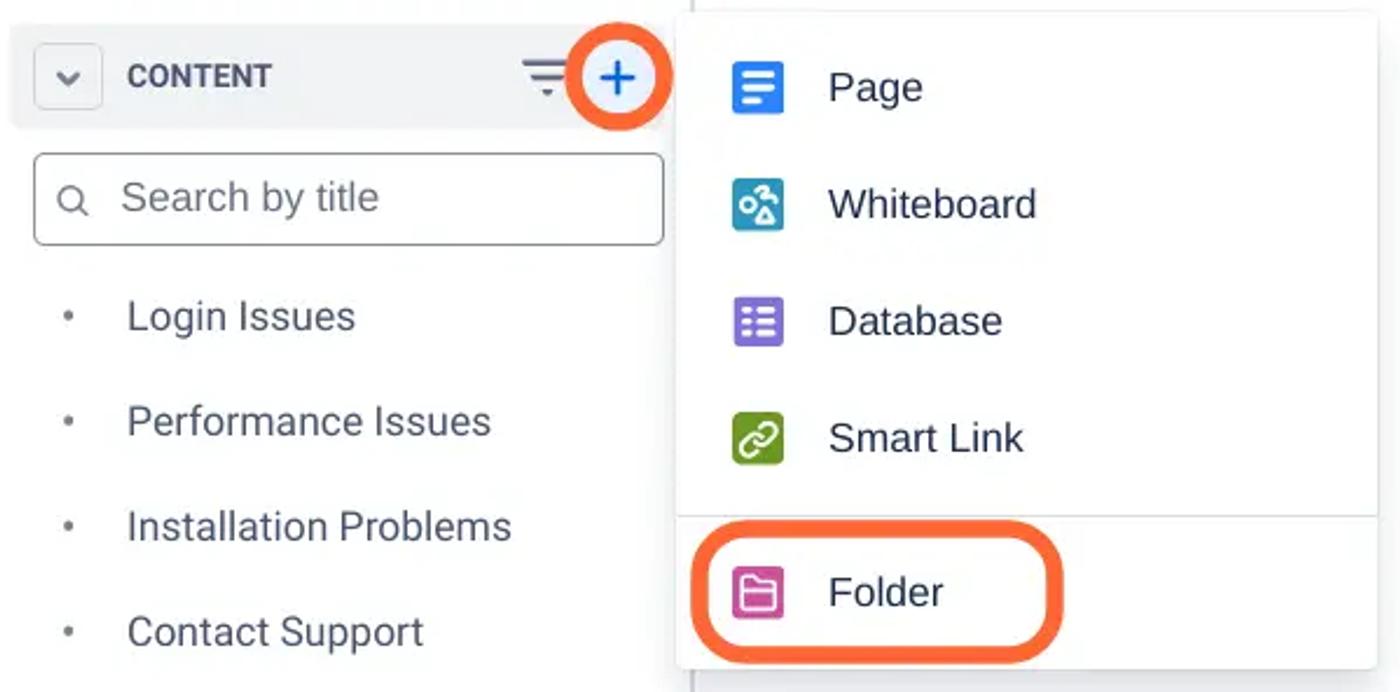 The Folder option highlighted in the Confluence space sidebar