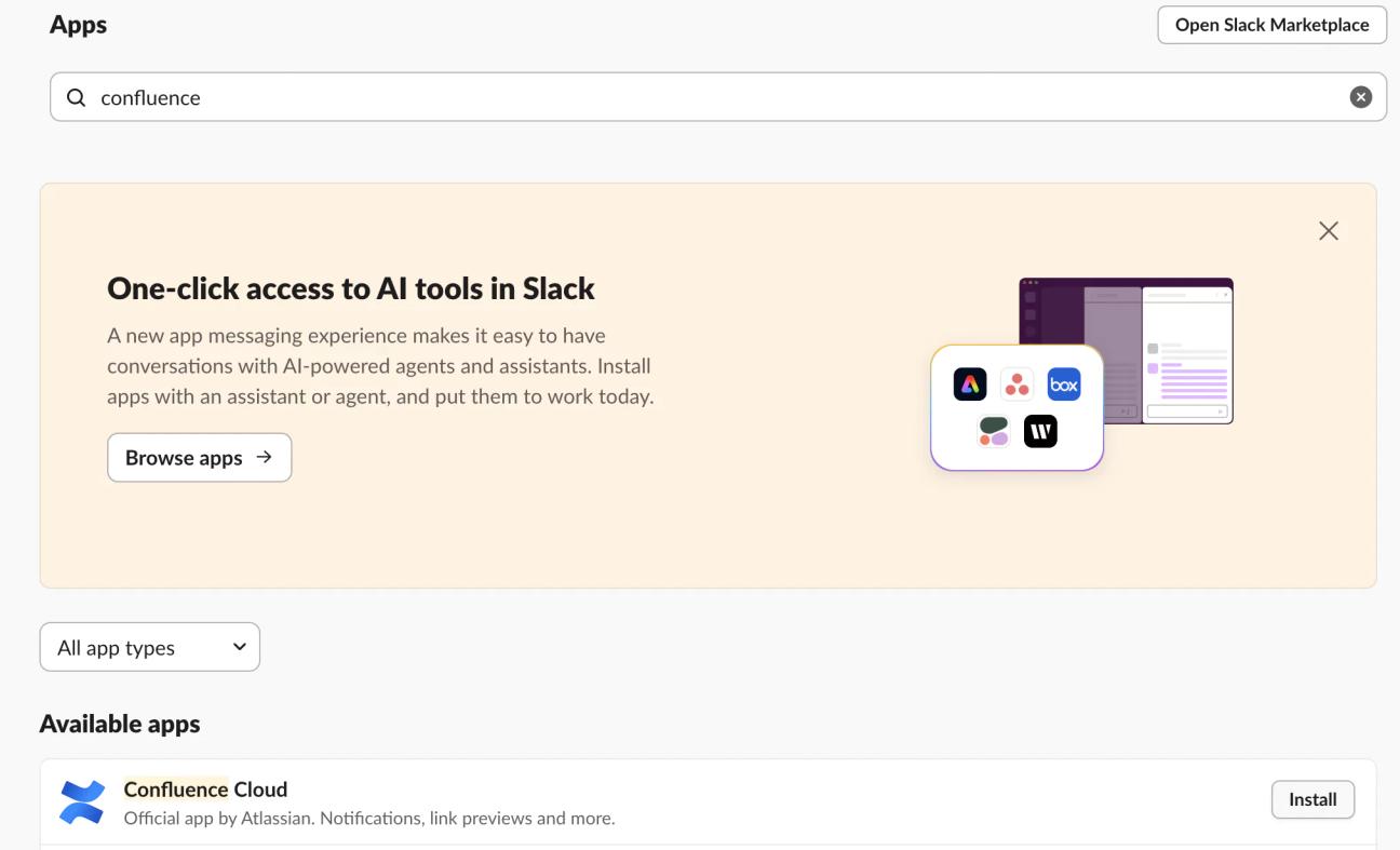 A screenshot of the app directory in Slack with "Confluence" typed into the search bar and Confluence Cloud appearing as an option below.
