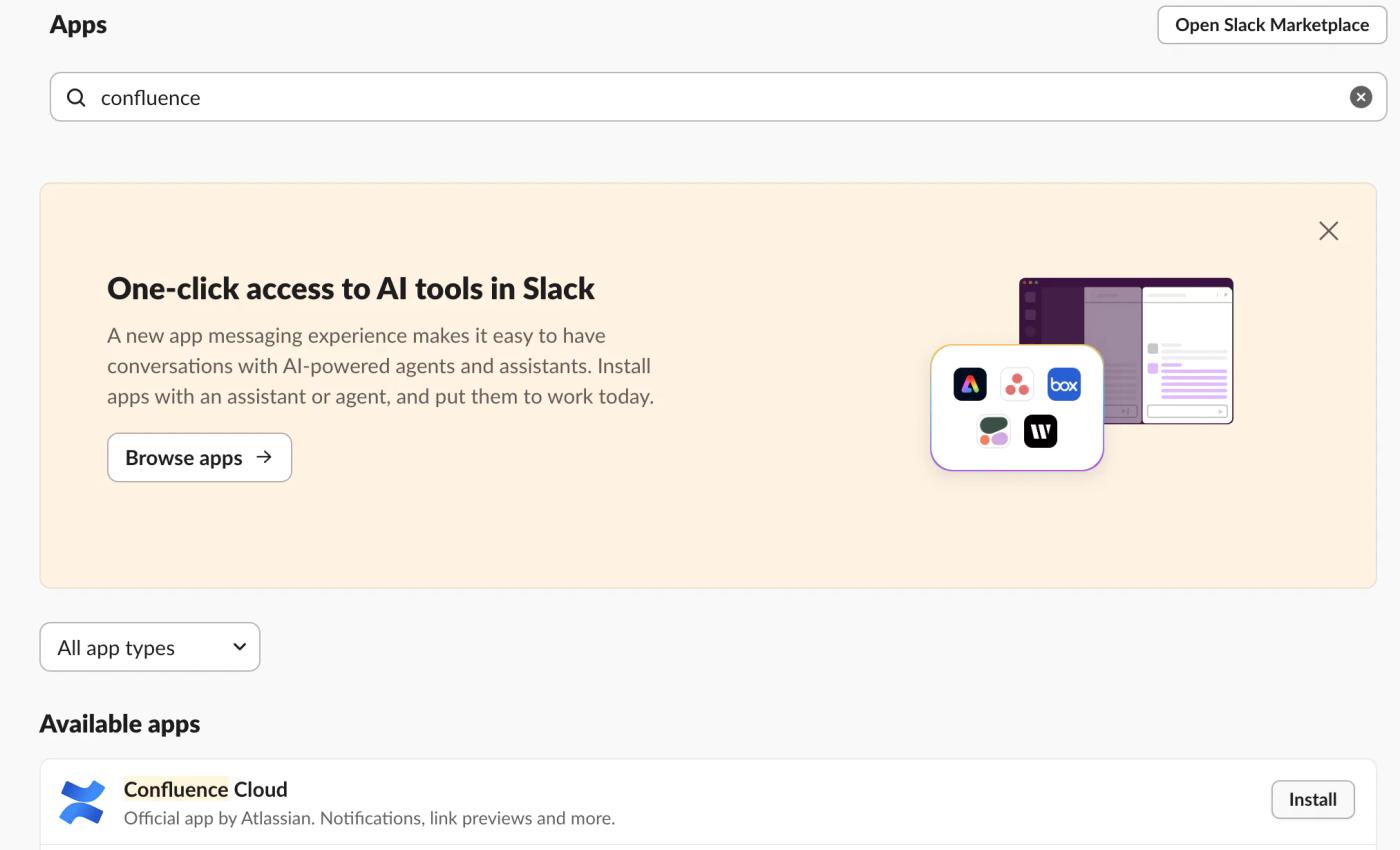 A screenshot of the app directory in Slack with "Confluence" typed into the search bar and Confluence Cloud appearing as an option below.