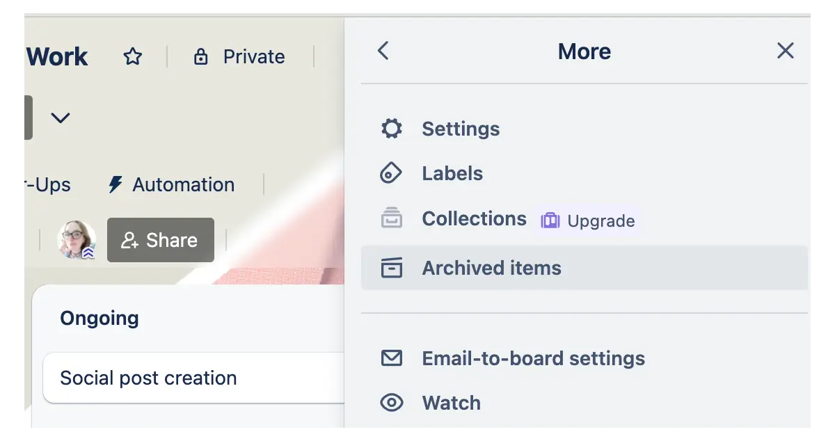 A dropdown menu on a Trello board with the option to archive all items