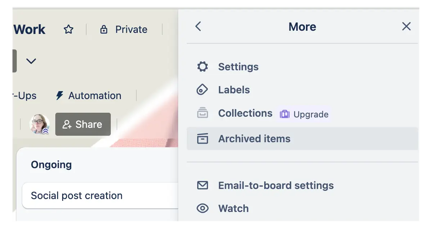 A dropdown menu on a Trello board with the option to archive all items