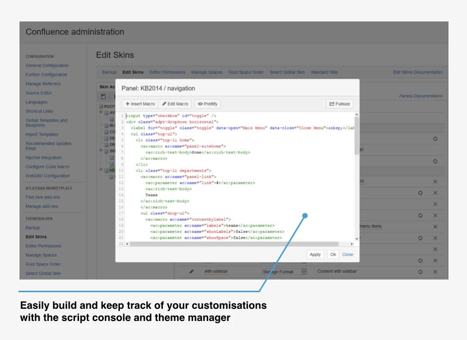 A screenshot of a the script console in ThemeBuilder for Confluence