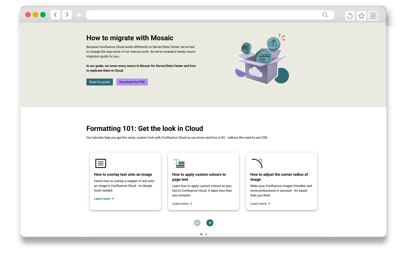 Screenshot of resource cards about migrating with Mosaic for Confluence