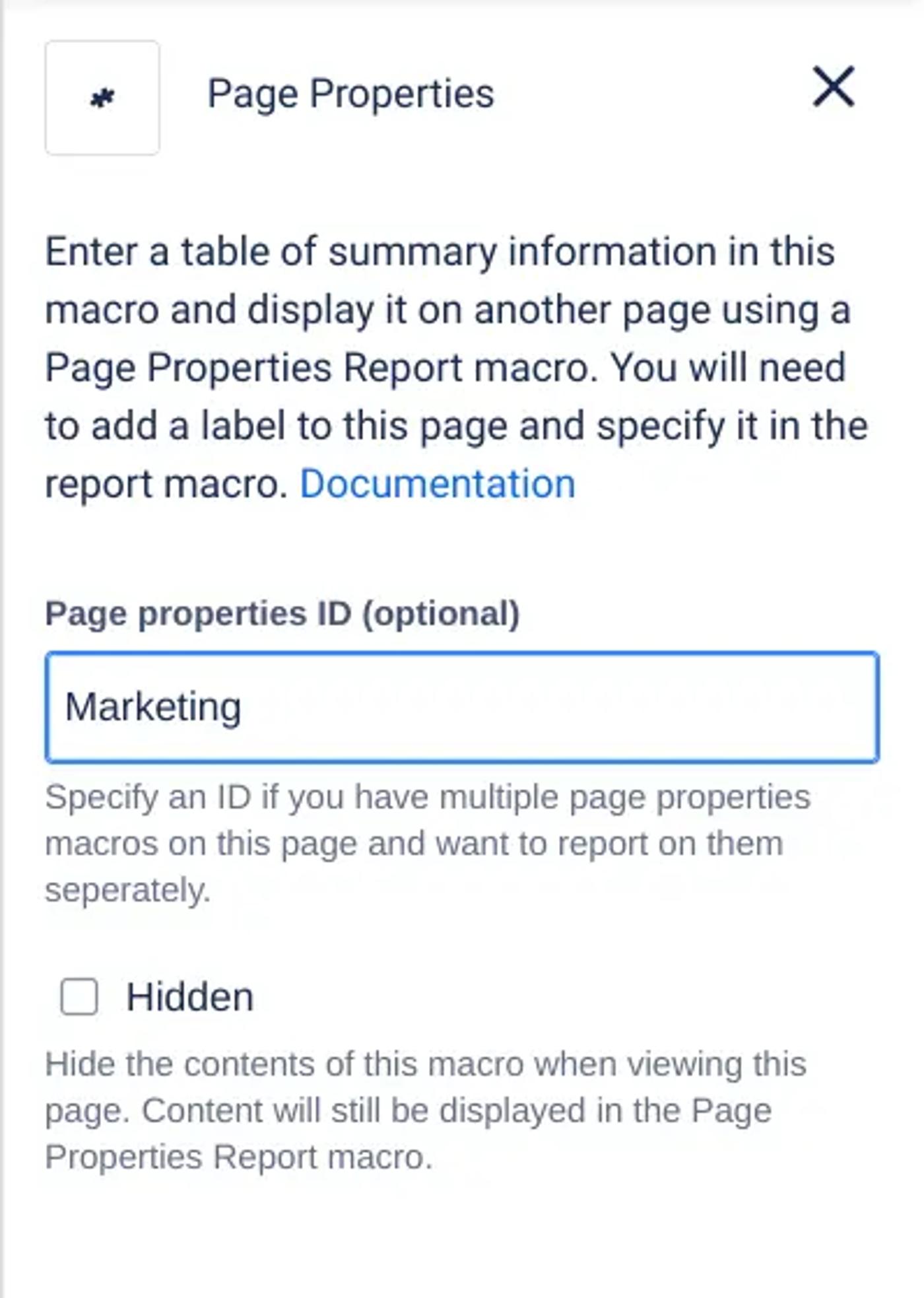 A screenshot of the configuration options for a page properties table in Confluence