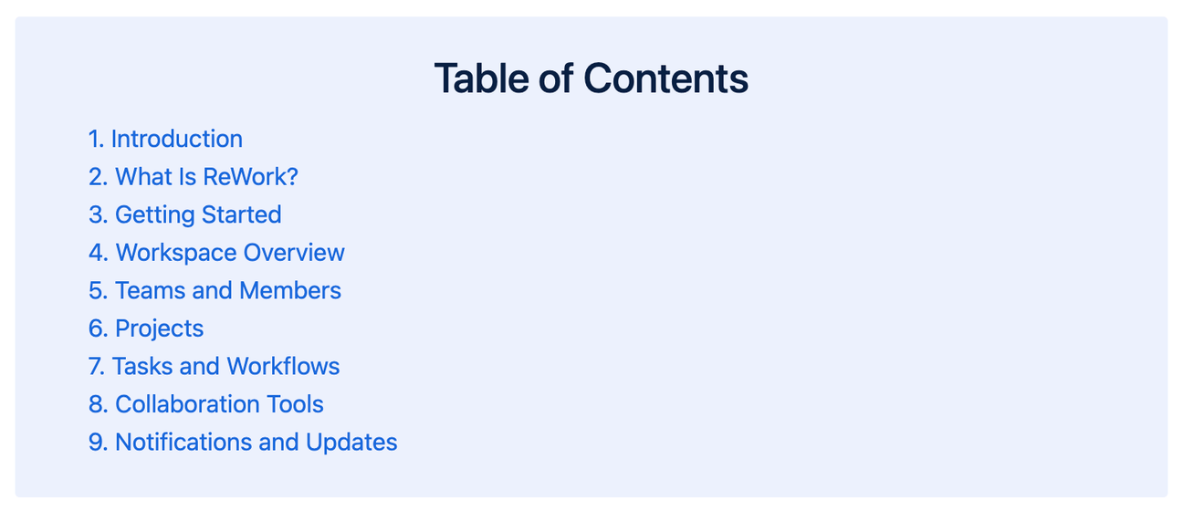 A table of contents with a light blue background on a Confluence page