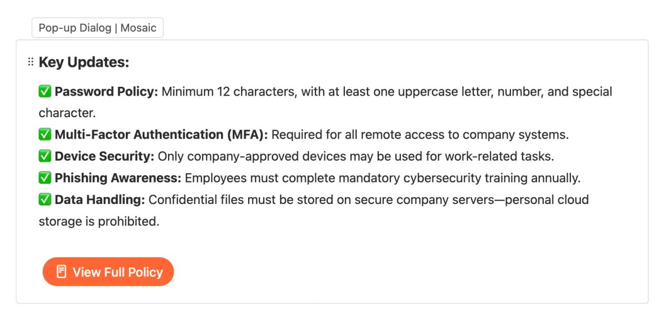 A screenshot of text being added in the Pop-up Dialog macro