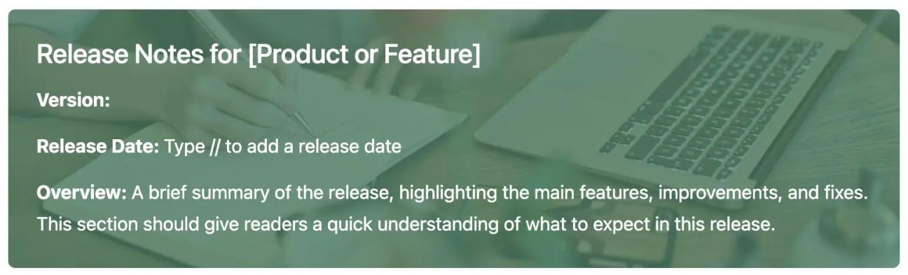 Version details section of our release notes template for Confluence