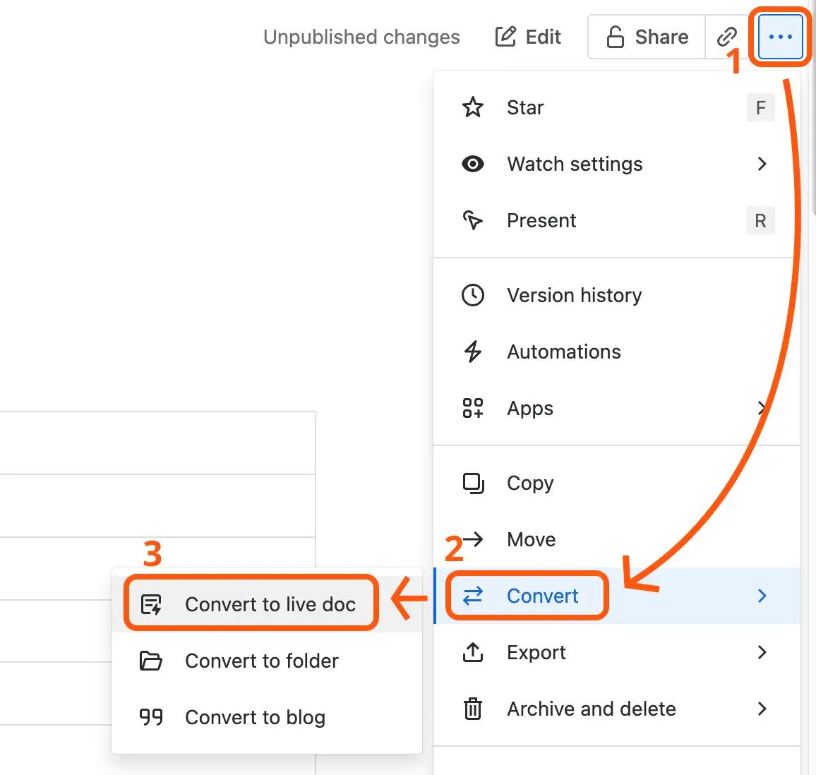 The Confluence "more actions" menu with arrows pointing to the "Convert to live doc" option