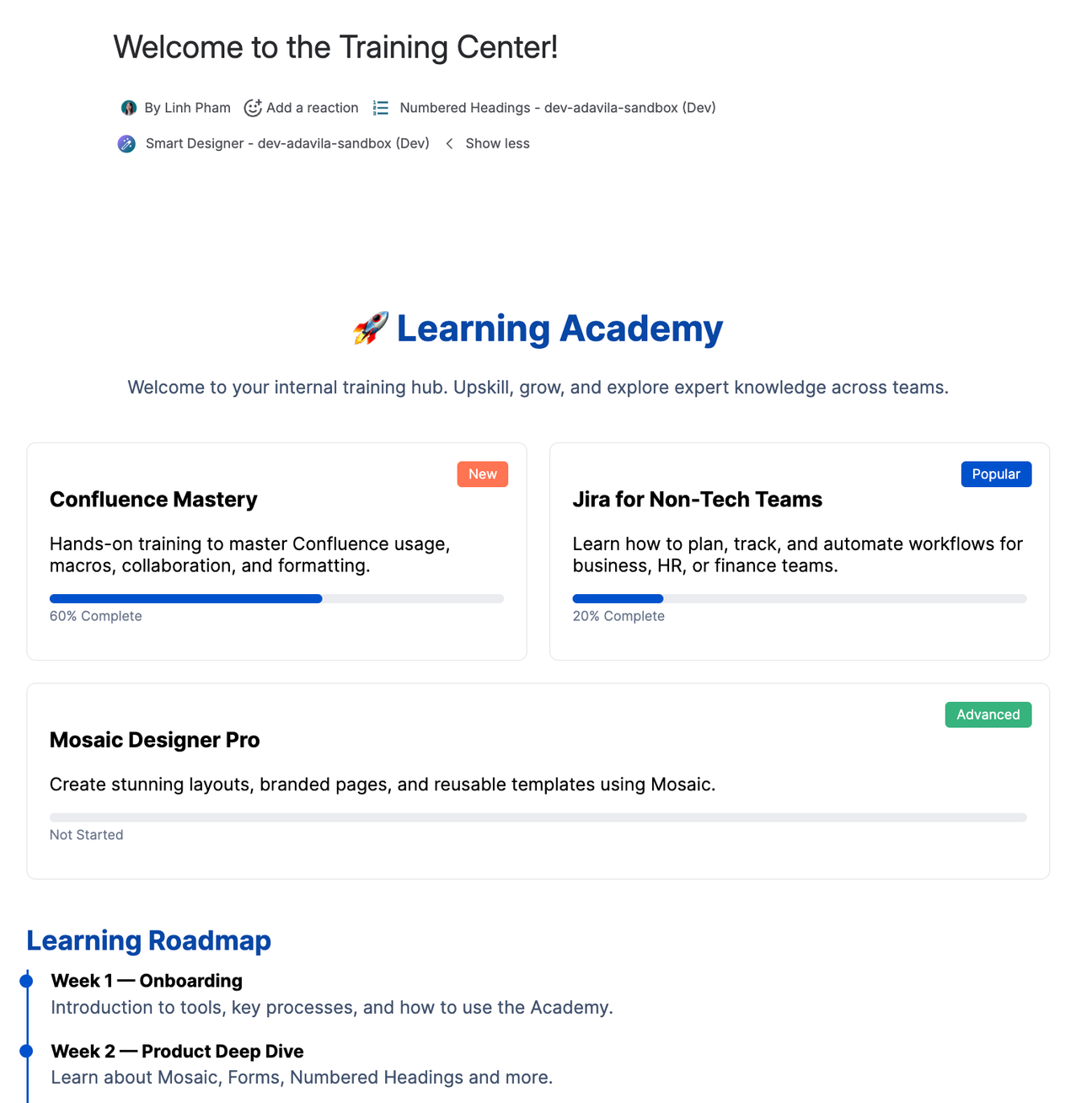 Screenshot of a Confluence training page showing progress bars indicating Confluence mastery and a user's learning roadmap