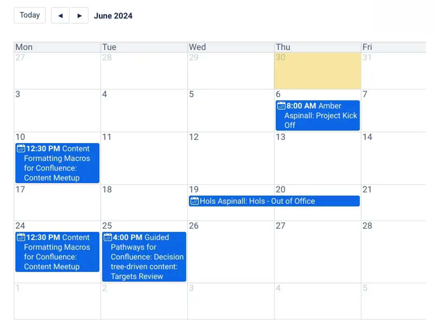 A Confluence team calendar populated with different events