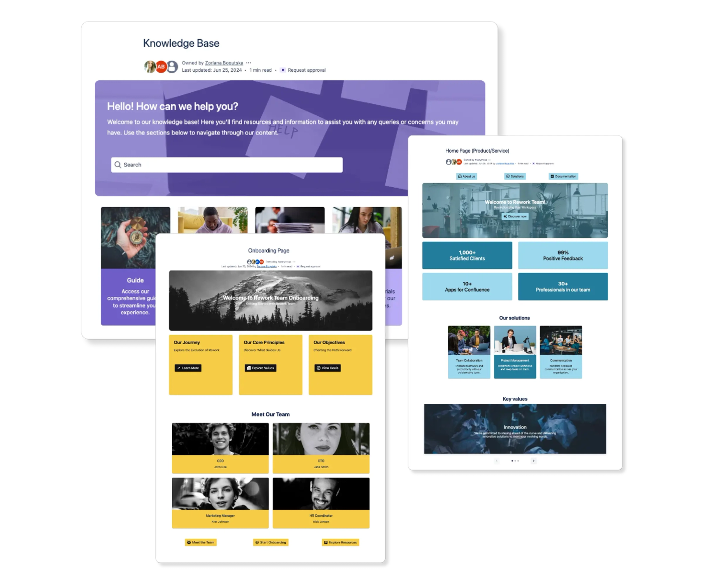 Three Confluence pages formatted with Mosaic macros