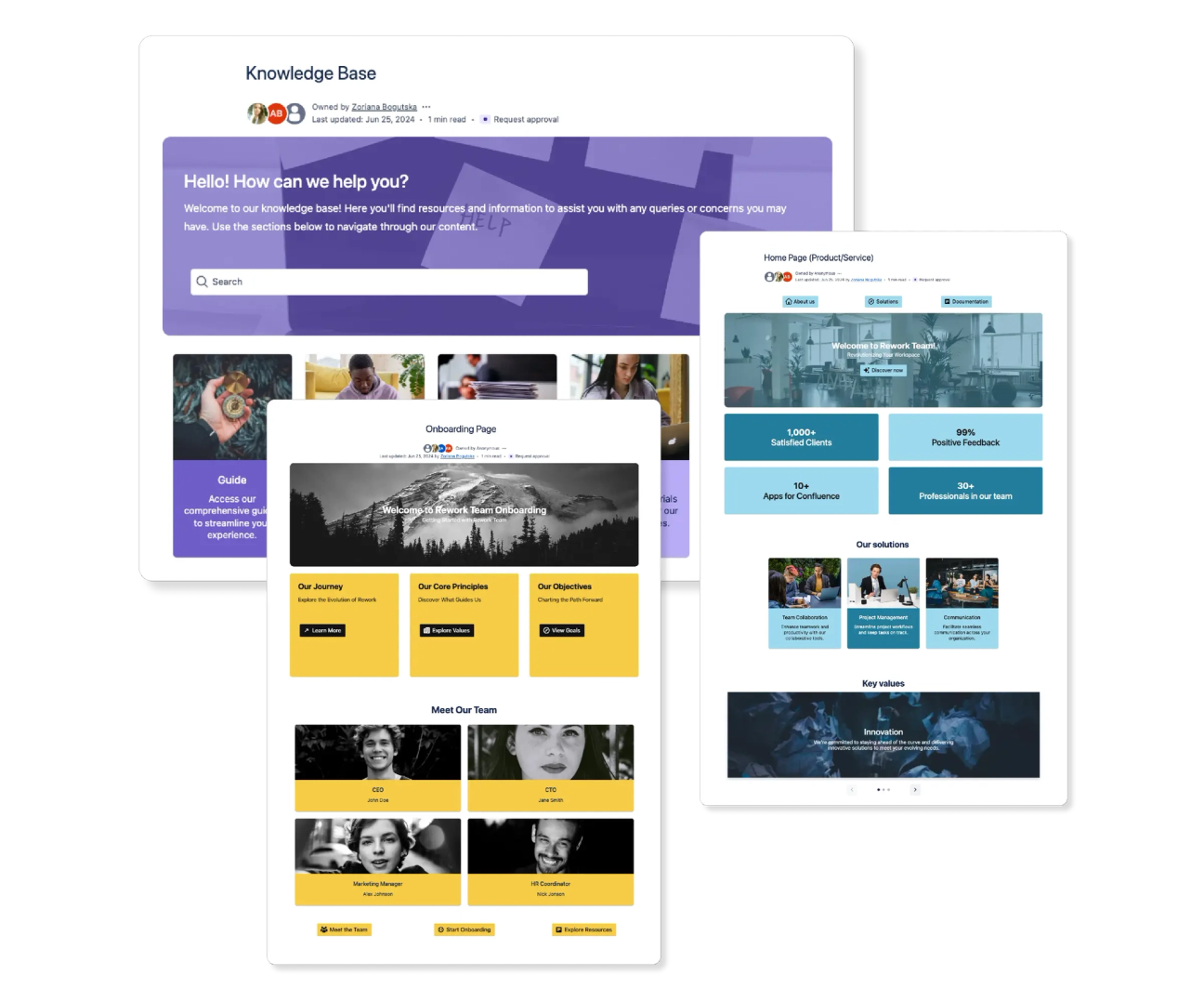 Three different Confluence pages formatted with colourful Mosaic macros