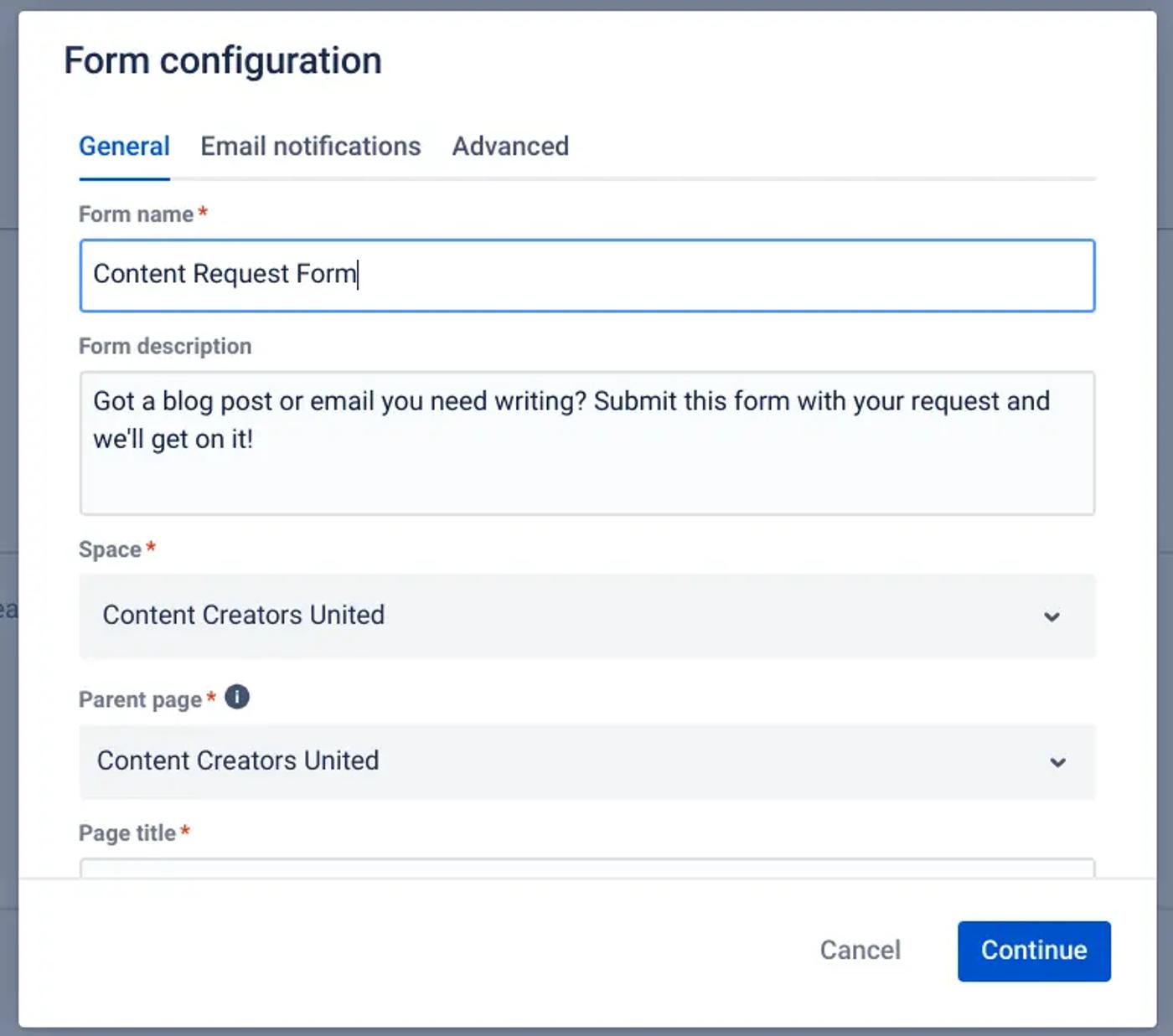 The Form configuration page in Confluence with the form name filled in