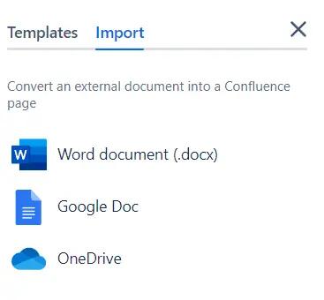 A screenshot of the Import tab in a newly created Confluence page.