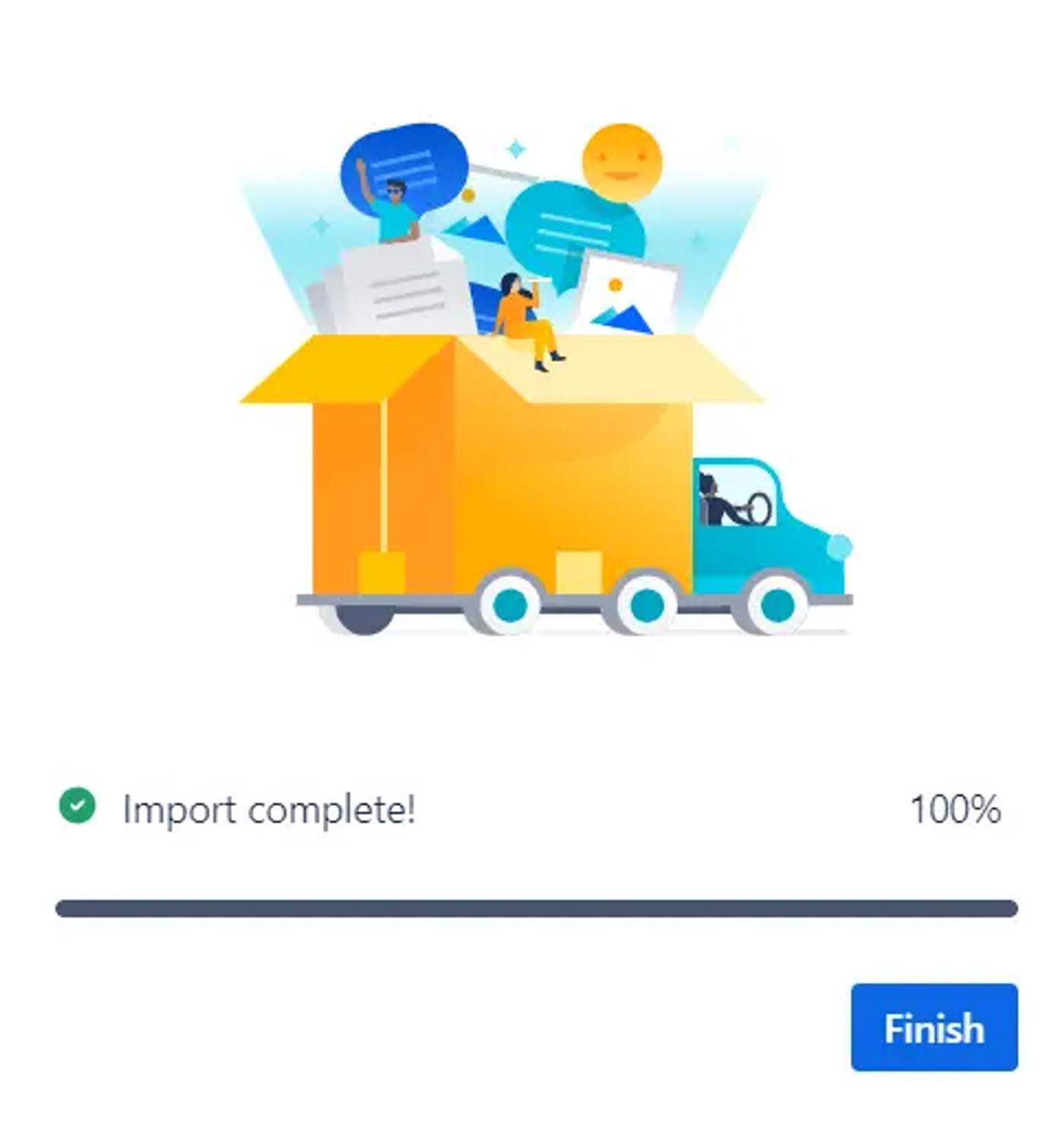 A screenshot of the progress bar and completion message for an import into Confluence