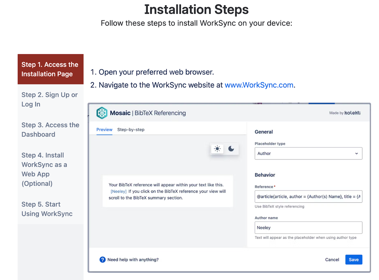 Vertical tabs showing installation steps and a screenshot of Mosaic