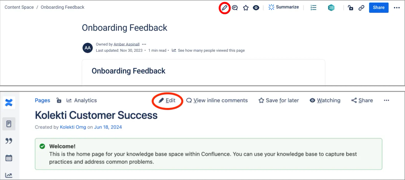 Confluence Cloud and Data Center pages with the page editor button circled