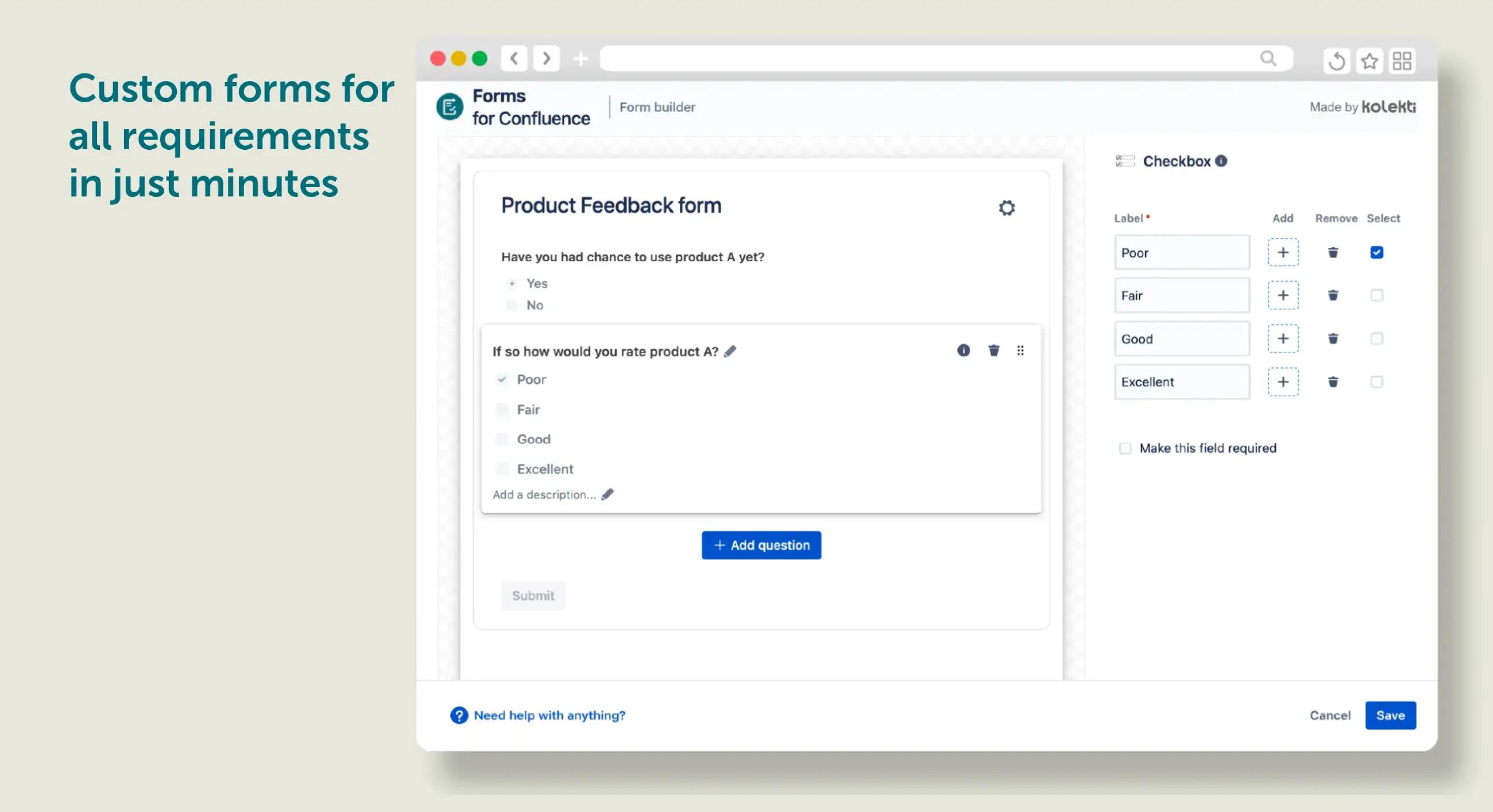 The Forms for Confluence form builder with caption that says 'Custom forms for all requirements in just minutes'