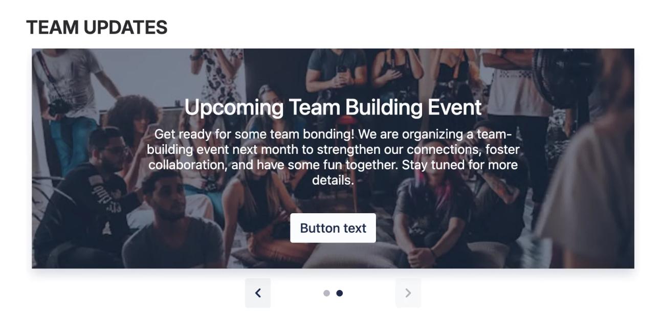 A screenshot of an interactive banner showing a slide titled 'Upcoming Team Building Event' with a description and a button.