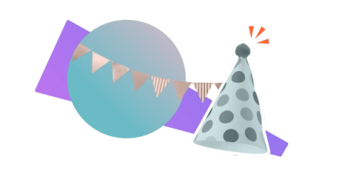 A party hat and flag bunting on a colourful, stylised background