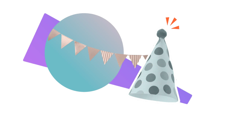 A party hat and flag bunting on a colourful, stylised background